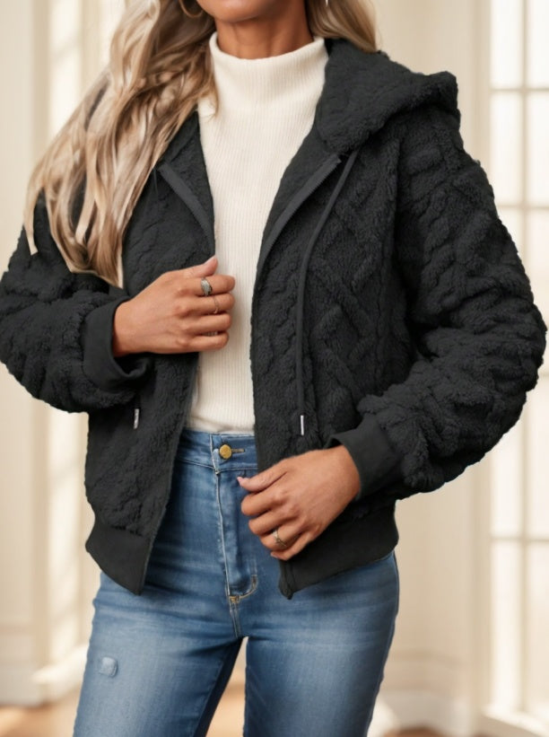 Zip Up Drop Shoulder Hooded Teddy Jacket