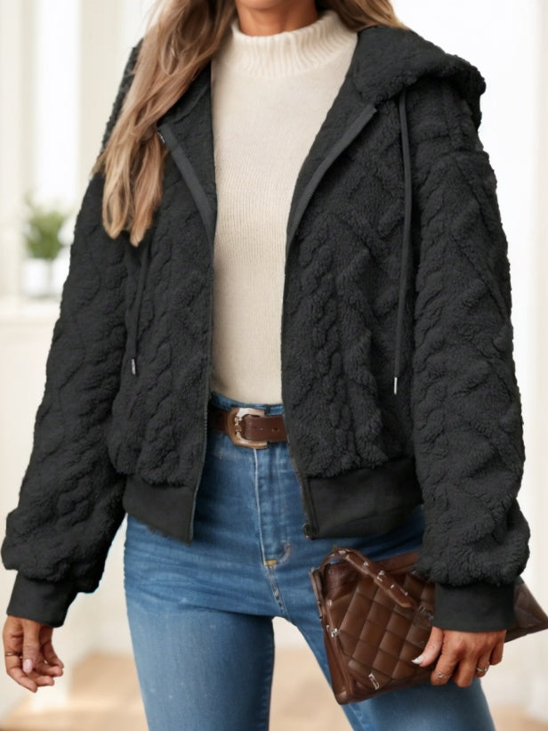 Zip Up Drop Shoulder Hooded Teddy Jacket