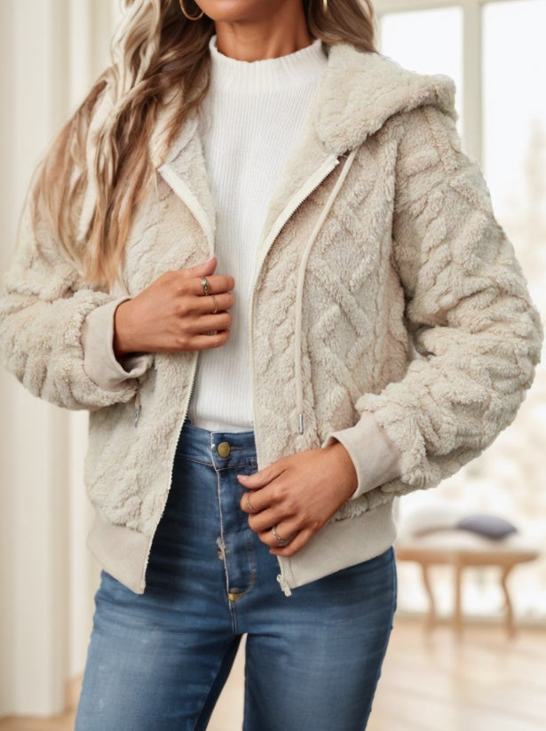 Zip Up Drop Shoulder Hooded Teddy Jacket